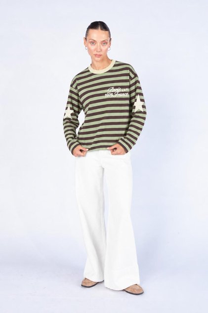 Women's Brown Crew Neck Sweatshirt with Star Print and Text Stripes on the Sleeves