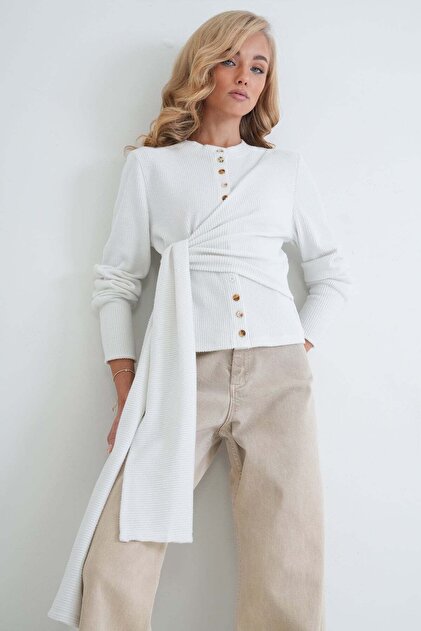 Women's Ecru Crew Neck Belted Buttoned Cardigan Alc-X15885