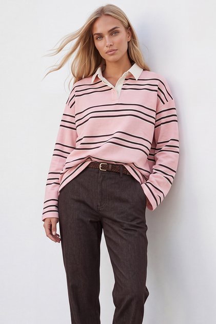 Women's Pink Polo Collar Striped Sweatshirt Alc-X15948