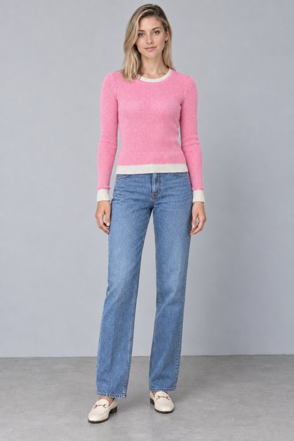 Women's Crew Neck Double Color Detailed Wool Sweater