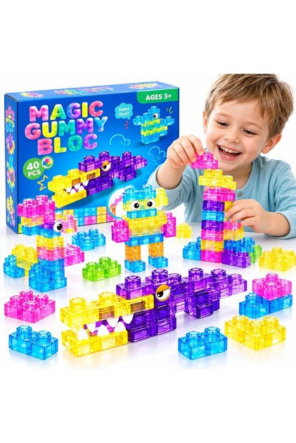 Set senzorial de construcție pentru copii, 3+ ani, 40 de cărămizi translucide cu textură de jeleu, moi și flexibile, piese colorate reutilizabile, joc educativ creativ, dezvoltă abilitățile motorii fine, coordonarea mâinilor