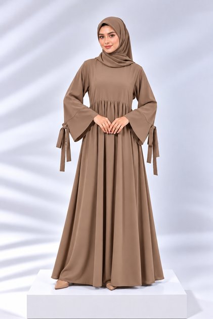Refka Crew Neck Tie-Cuff Detail Modest Casual Maxi Dress with Hiijab