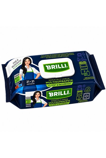 Servetele umede multisuprafete cu otet si bicarbonat Brilli, 100 buc/set