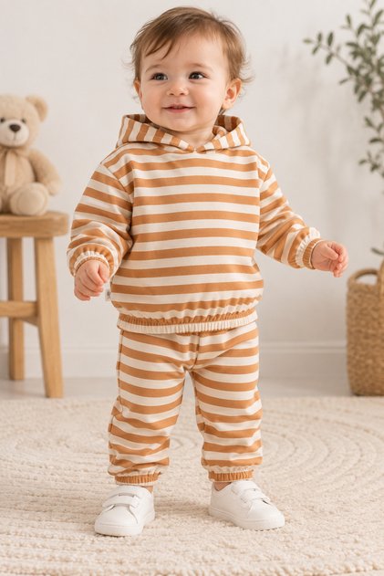 Unisex Baby 100% Cotton Brown Striped Hooded Oversize Tracksuit Set