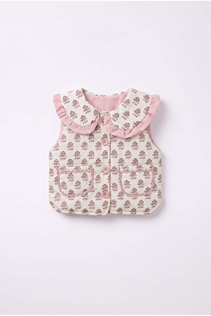 Girl's Floral Patterned Ruffle Collar Quilted Vest