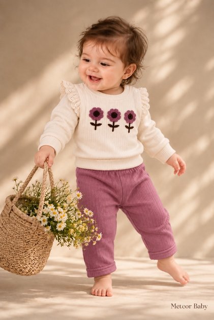 Baby Girl Set with Floral Appliques, Top and Bottom 2-Piece Set - Seasonal Set for 3, 6, 9, 12 Months