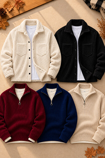 Men's 5-Piece Winter Combination Set 2 Plush Jackets 3 Half-Zip Thessaloniki Knitwear Sweater Thick Textured