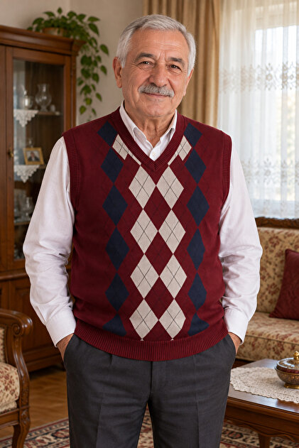 Men's Sweater V-Neck Diamond Patterned Classic Cut Knitted Sweater