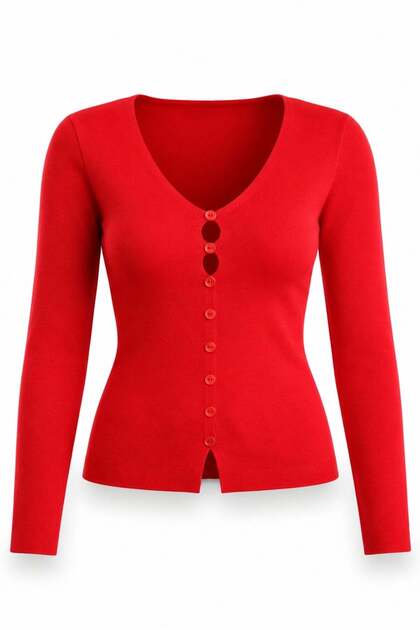 Red Ornamental Buttoned V-Neck Knitwear 6603