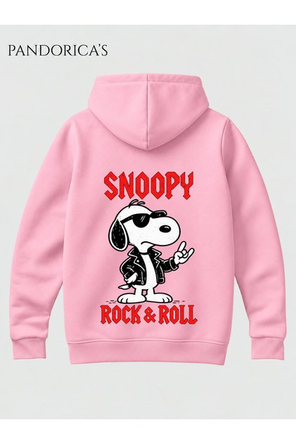 Rock Design Series Snoopy Rock&Roll Printed Back 100% Cotton 3 Thread Winter Hooded Kangaroo Pocket Basic Unisex Sweatshirt (Hoodie)