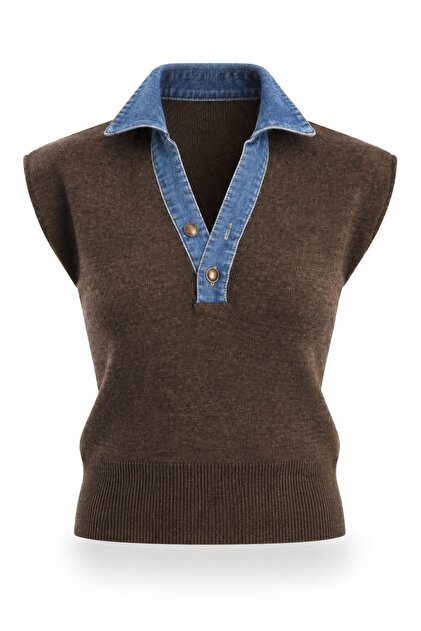 Brown Denim Collared Sleeveless Knitwear 261138