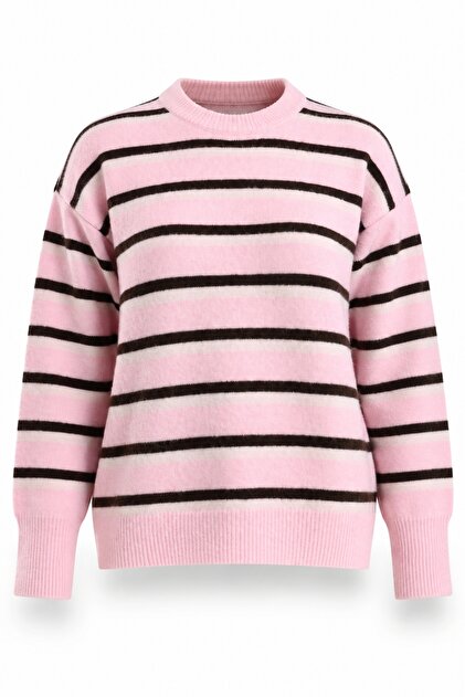 Pink Crew Neck Striped Sweater 5536