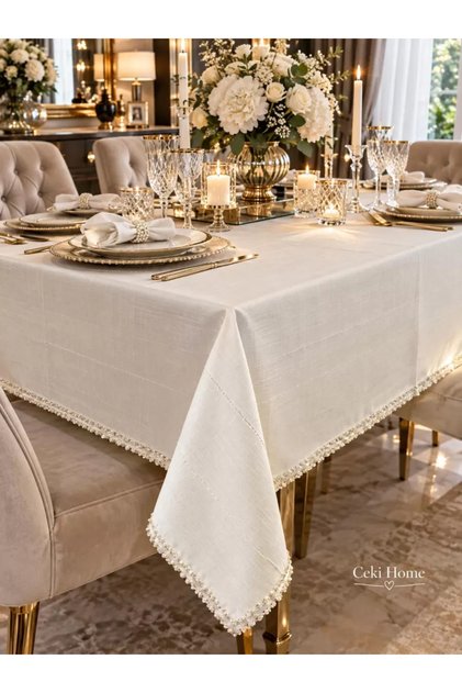 Tablecloth Valerin Gardenya Linen Single Tablecloth 160X220 Tablecloth Sequined Beaded Cream