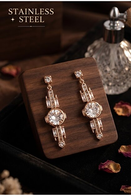 Rose Color Zircon Stone Geometric Dangle Steel Earrings