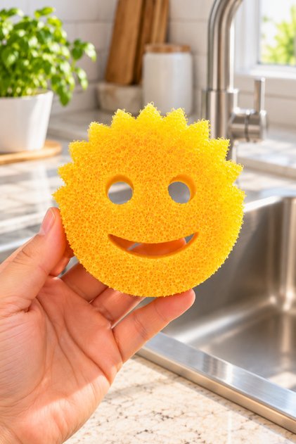Scrub Sunny Smiling Face Kitchen Dish Sponge Softens in Hot Water Hardens in Cold Water Multi-Purpose Scrubbing Sponge Yellow