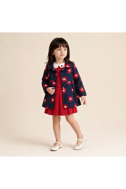 Floral Patterned Plush Coat, Velvet Dress and Blouse Three-Piece Baby Girl Set, Children's Set