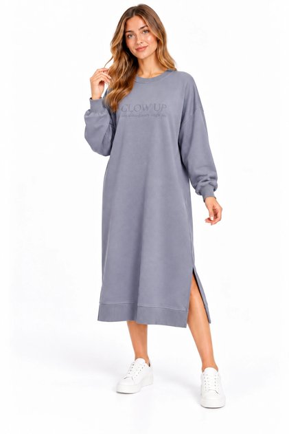 Kadın Bisiklet Yaka Yazı Baskılı Oversize Uzun Sweatshirt Tunik MAVİ