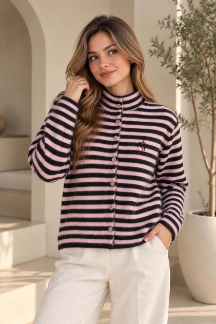 Women's Stand Collar Striped Buttoned Knitted Cardigan