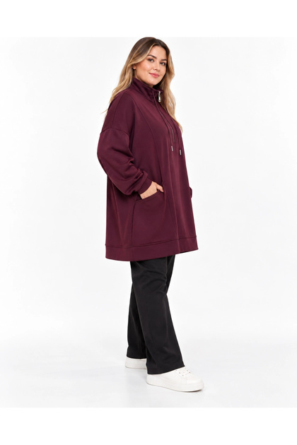 Kadın Kapüşonlu Yarım Fermuarlı Cepli Oversize Sweatshirt Tunik MÜRDÜM