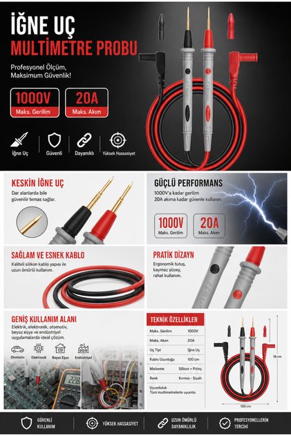 İğne Uçlu Multimetre Probu 1000V 20A Avometre Test Ölçüm Kablosu