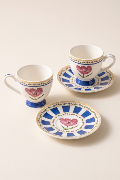 Solina Porcelain 2-Person Coffee Cup Set with Pink Flowers and Blue Feet 90 ml Turkish Coffee Espresso Cup Set
