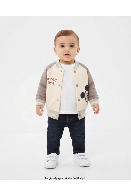 Baby Boy and Girl 1-2-3 Years Old, Mickey Printed Thick 3-Strand Raster College Cardigan, Jacket
