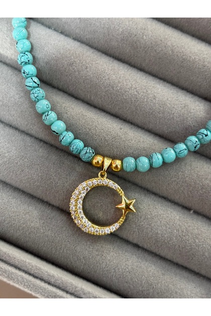 Women's Turquoise Beaded Zircon Stone Moon Star Charm Necklace
