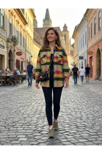 Women's Colorful Checkered Lumberjack Shirt - Double Pocket Winter Flannel Oversized Shirt Jacket