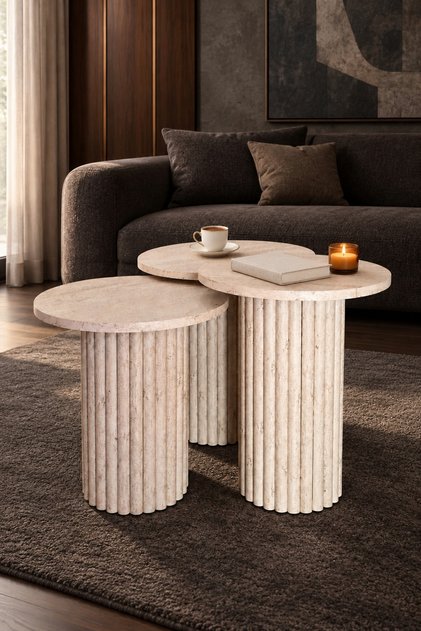 Livia Bohem 3’lü Zigon Sehpa – Yuvarlak Tabla, Çıtalı Silindir Ayak, Ø40 cm, 50/47/44 cm