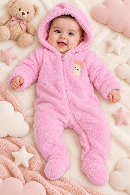 Pembe Peluş Kapüşonlu Patikli Fermuarlı Ayıcık İşlemeli Bebek Tulumu