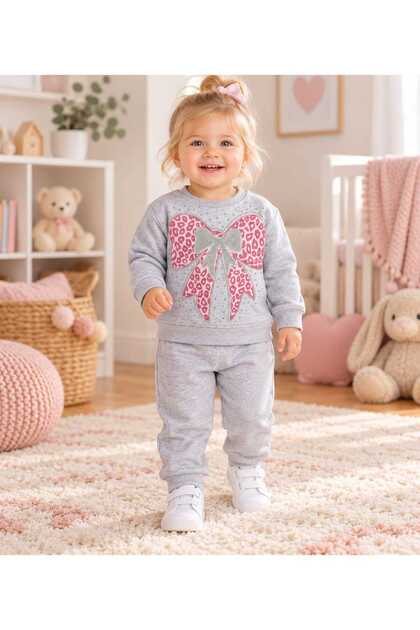 Baby Girl Cotton Bow Printed 2 Threaded Top and Bottom Two-Piece Set