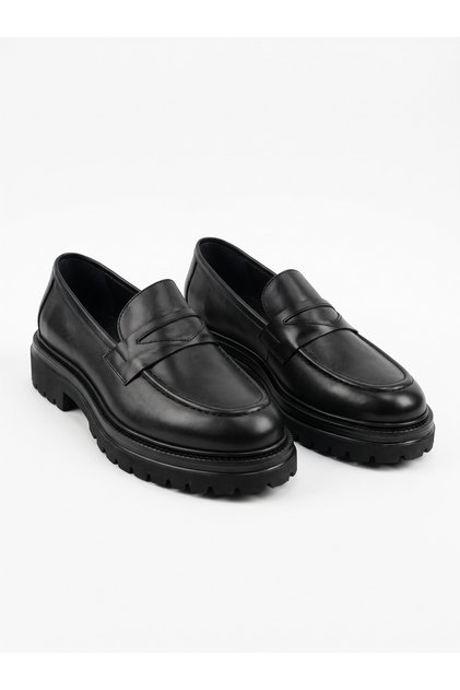 Men's Black Genuine Leather Thick Soled Penny Loafer Classic Shoes - Chunky Casual