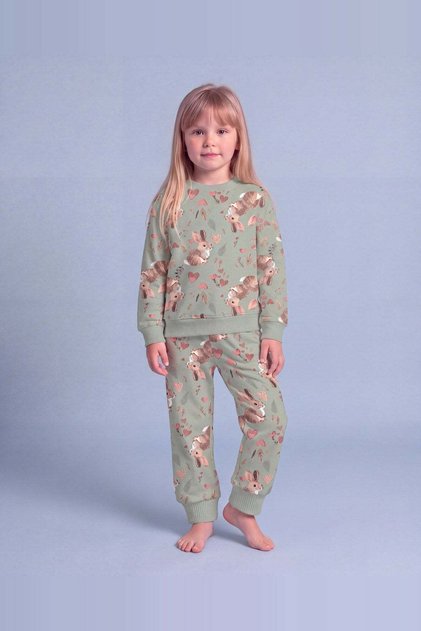 Kız Çocuk Sevimli Tavşan Desenli Pamuklu Pijama Takımı Likralı Uzun Kollu 2 İplik 1-9 Yaş