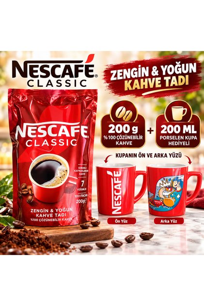 1 Adet 200 ML Porselen NESCAFÉ Kupa + Classic 200 g Çözünebilir Kahve Hediyeli