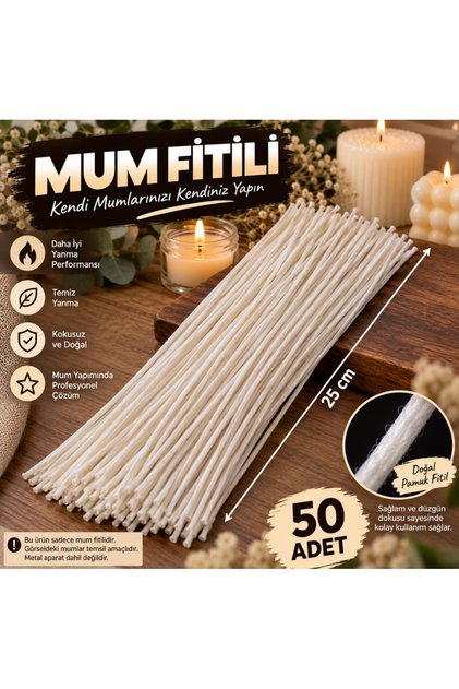 Mum fitili 25cm fitil 50 adet mum fitili