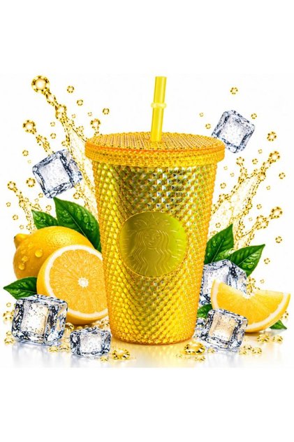 Yellow Diamond Studded Reusable Tumbler with Lid & Straw – Textured Cold Cup