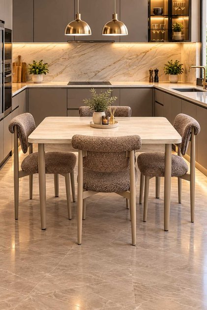 AKSESUAR T-8069 TRAVERTEN MASA MDF 70X120 TOLEDO KAHVE SANDALYE 4 KİŞİLİK MUTFAK MASA TAKIMI YEMEK MASA TAKIMI