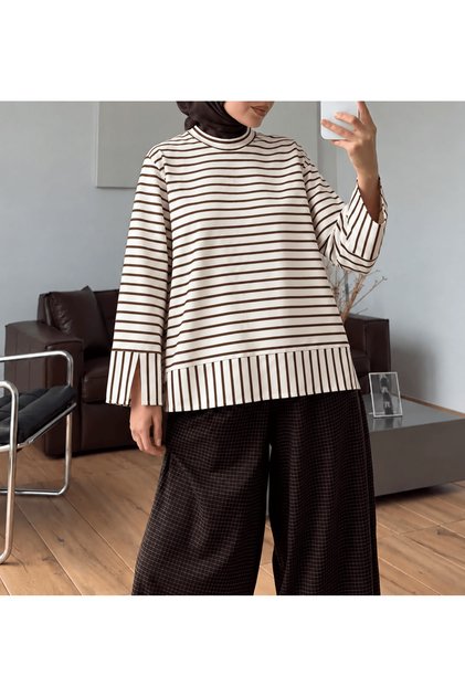 Çizgili Yırtmaç Detaylı Sweat - 2301 - Ekru & Kahve