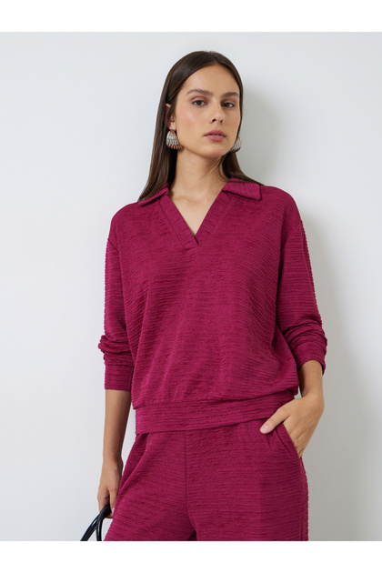 Burgundy Textured Open Collar Knit Top