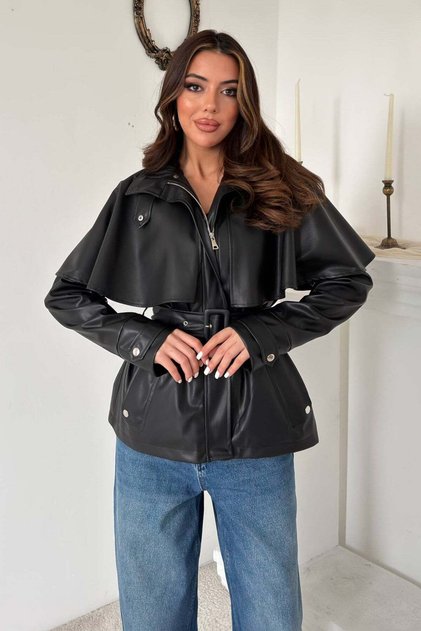 Women's Faux Leather Jacket with Cape Detail and Belt