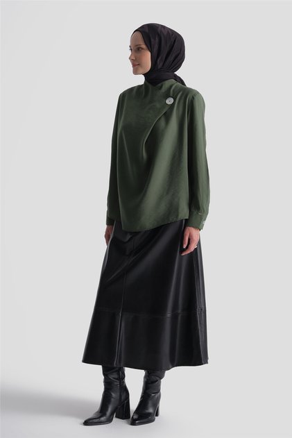 Modal Blend Asymmetric Closure Blouse Petrol Green