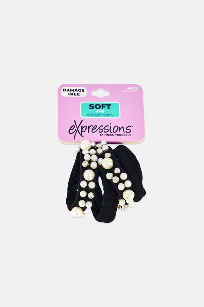 4 Pcs Pony Tail With Metal Pearl Beads, Black