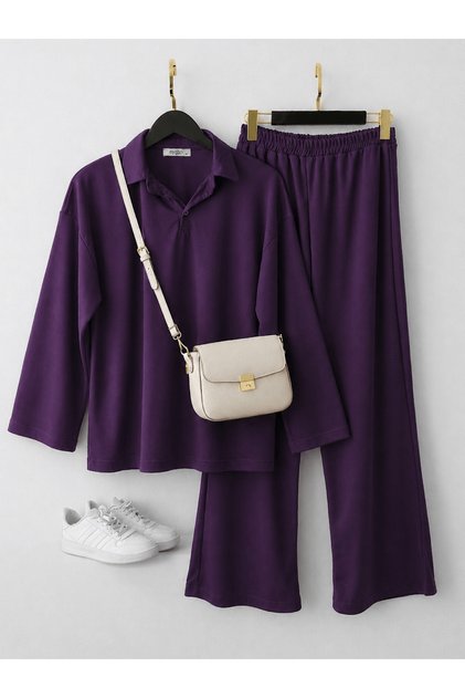 Polo Collar Trouser Suit - Hpm - Purple