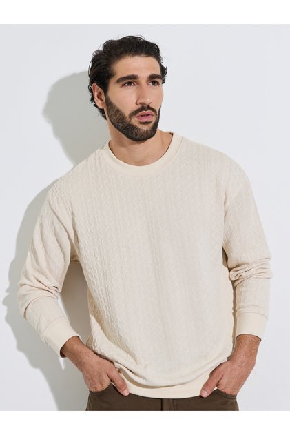 Men Cream Relaxed Fit Cable Knit Sweater