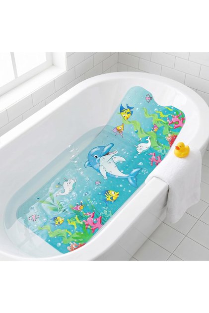 Baby Bath Mat for Kids, Extra Long 40 x 16 Inch Non Slip Bathtub Mat with Cartoon Pattern, Strong Suction Cups, Drain Holes & Machine Washable Shower Safety Mat (Sea World)