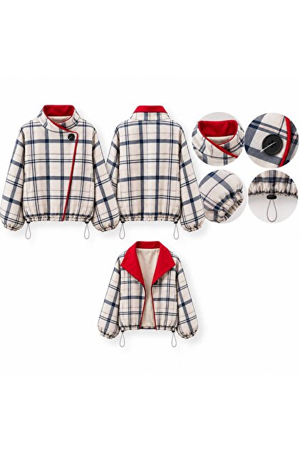 Red Collar Detailed Checkered Jacket