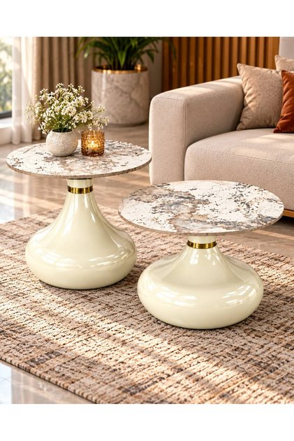 Modern Ceramic Side Table Set of 2 – Round -Top Accent Tables, Large 70×70×50 cm & Small 50×50×56 cm, Pedestal Design for Living Room & Bedroom