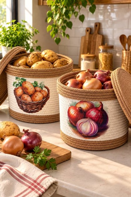 Potato Onion Storage Basket Set of 2 with Lid Wicker Kitchen Organizer