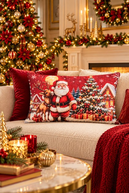 Rectangular Maison Patterned Double-Sided Printed Suede Throw Pillow Cover - New Year - Christmas