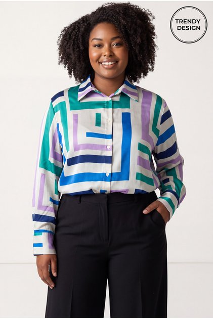 Cămașă Dama Mărimi Mari cu Imprimeu Geometric, Cămașă Elegantă Casual Multicolă, Mărimi 46-58